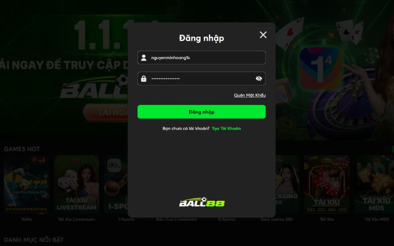 Giao diện đăng ký và đăng nhập Ball88 trên hệ thống